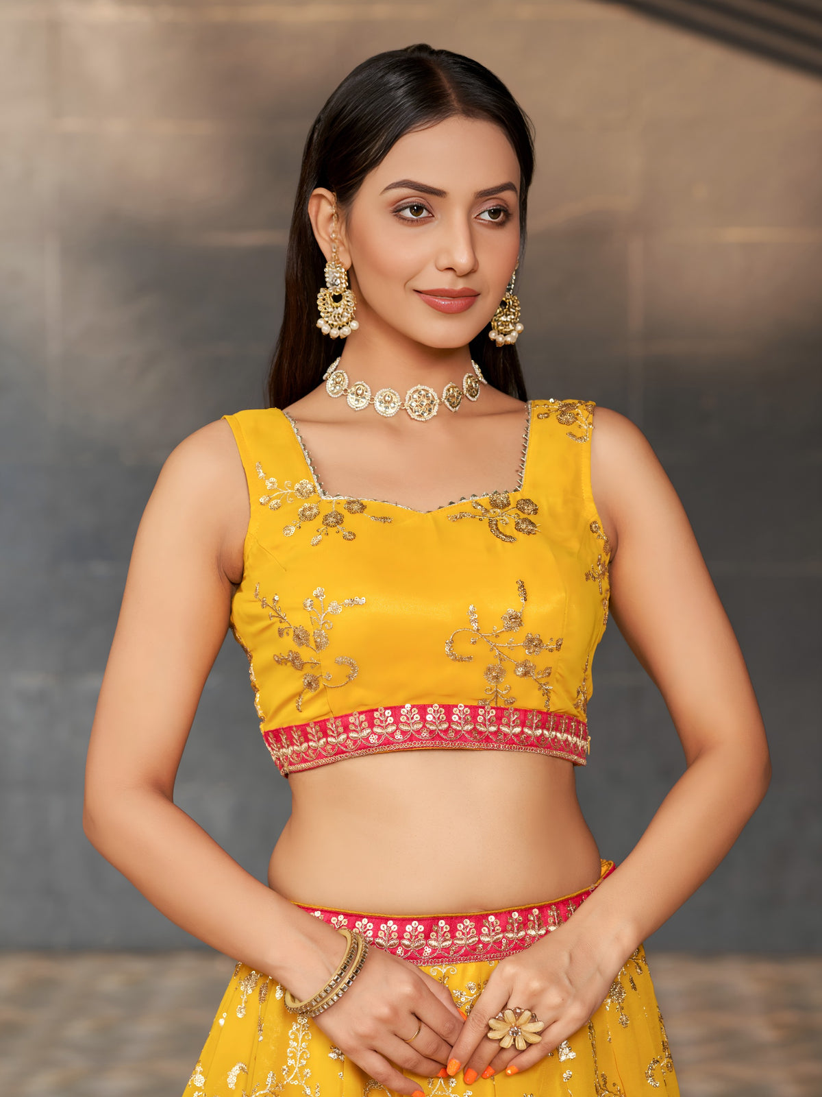 Women's Lehenga Choli Set in Marigold Yellow Georgette with Zari, Dori and Sequin Embroidery