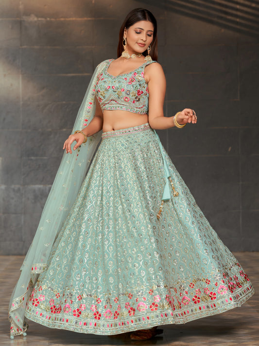 Women's Lehenga Choli in Sky Blue Georgette with Mirror, Zari and Sequin Embroidery