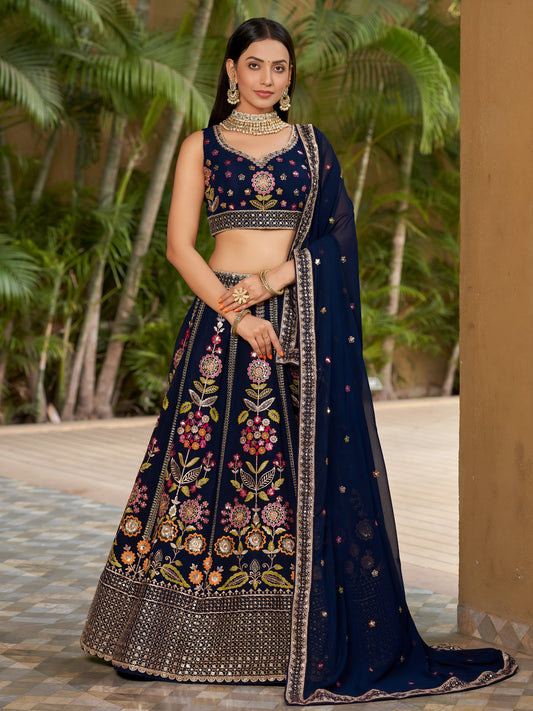 Women's Lehenga Choli in Navy Blue Georgette with Multicolor Floral Embroidery