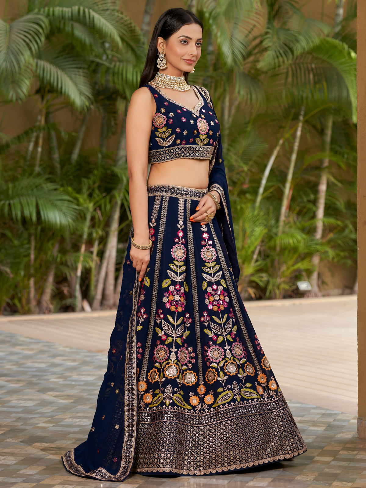 Women's Lehenga Choli in Navy Blue Georgette with Multicolor Floral Embroidery