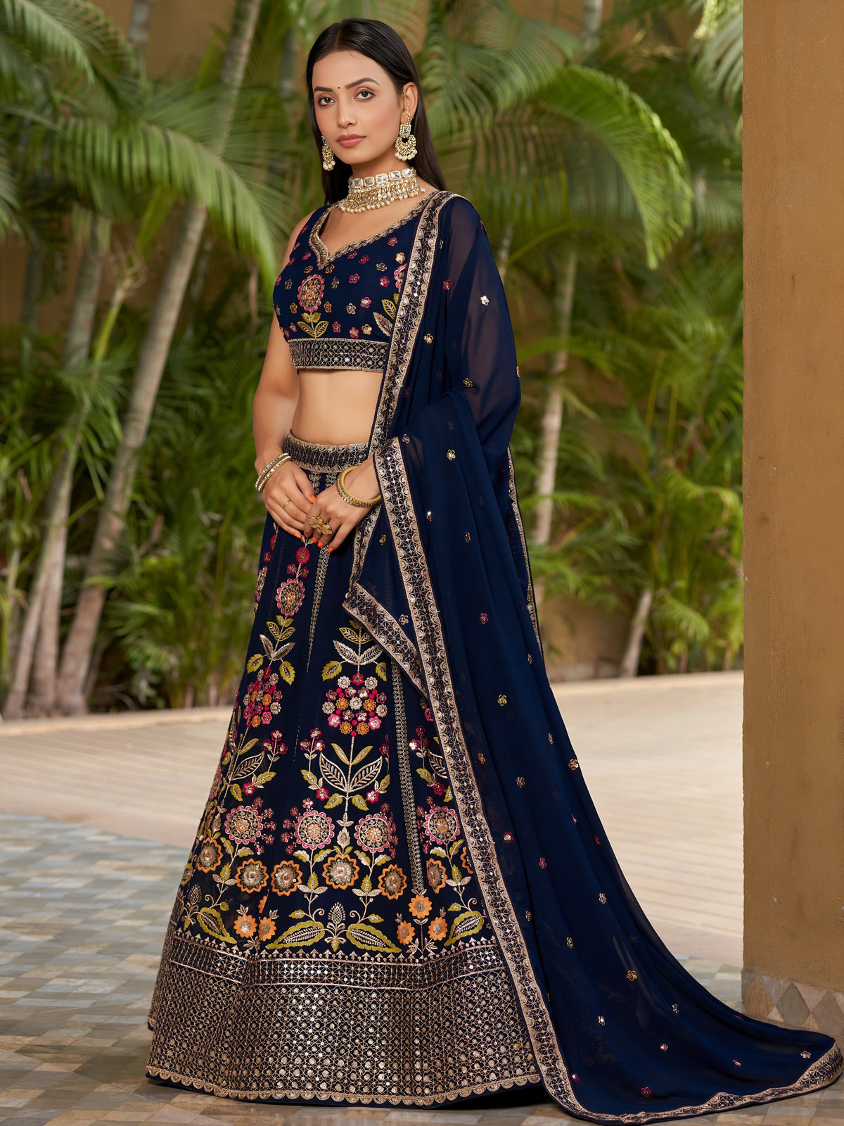 Women's Lehenga Choli in Navy Blue Georgette with Multicolor Floral Embroidery