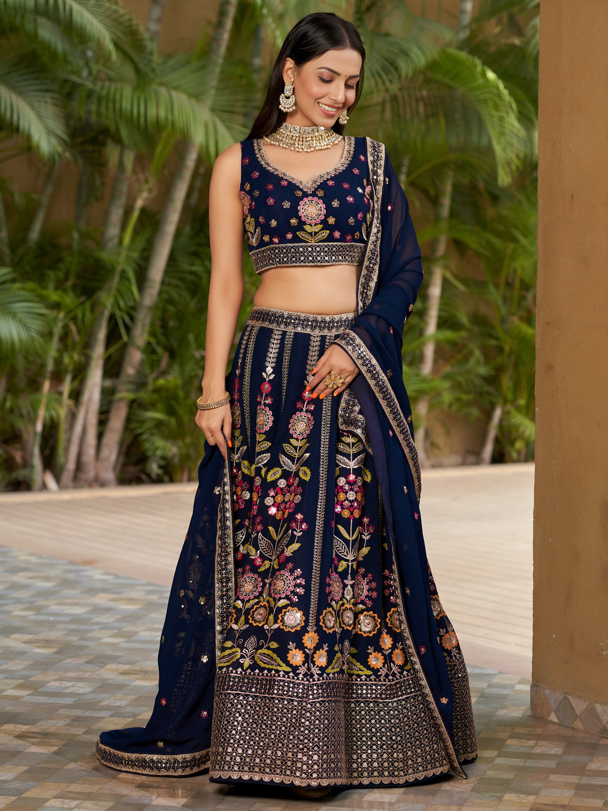 Women's Lehenga Choli in Navy Blue Georgette with Multicolor Floral Embroidery
