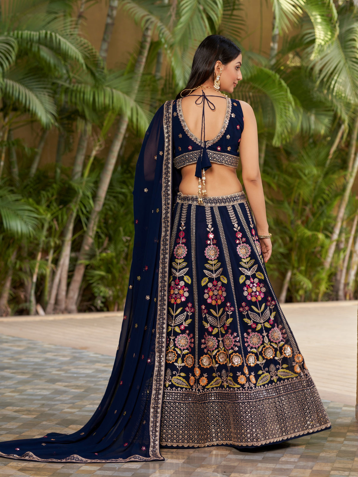 Women's Lehenga Choli in Navy Blue Georgette with Multicolor Floral Embroidery