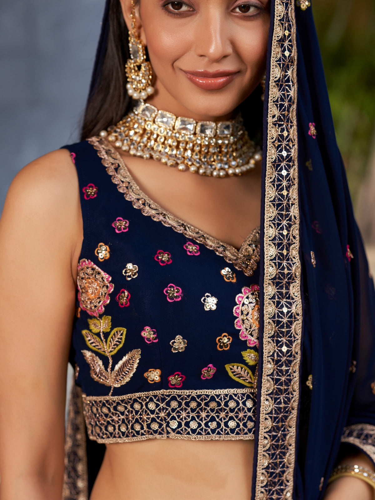 Women's Lehenga Choli in Navy Blue Georgette with Multicolor Floral Embroidery