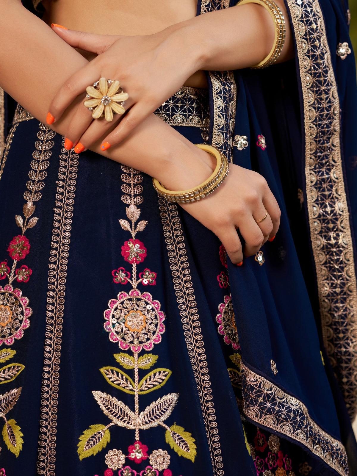 Women's Lehenga Choli in Navy Blue Georgette with Multicolor Floral Embroidery