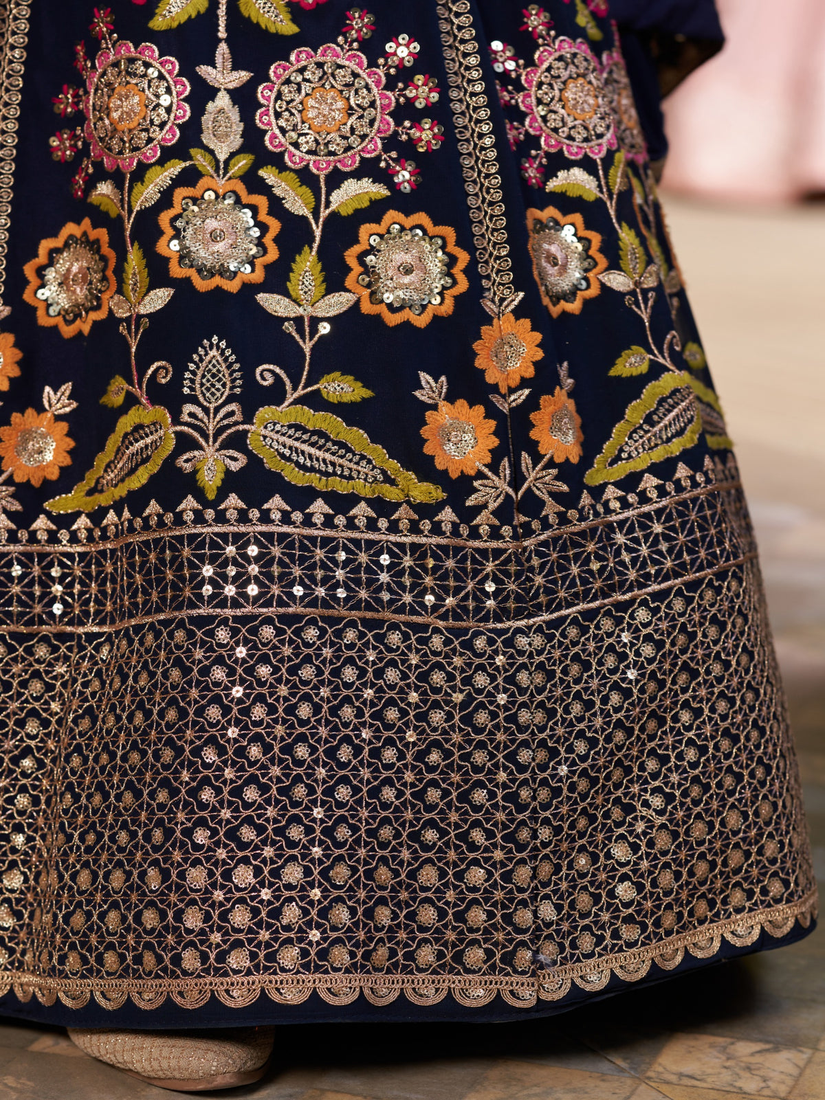 Women's Lehenga Choli in Navy Blue Georgette with Multicolor Floral Embroidery