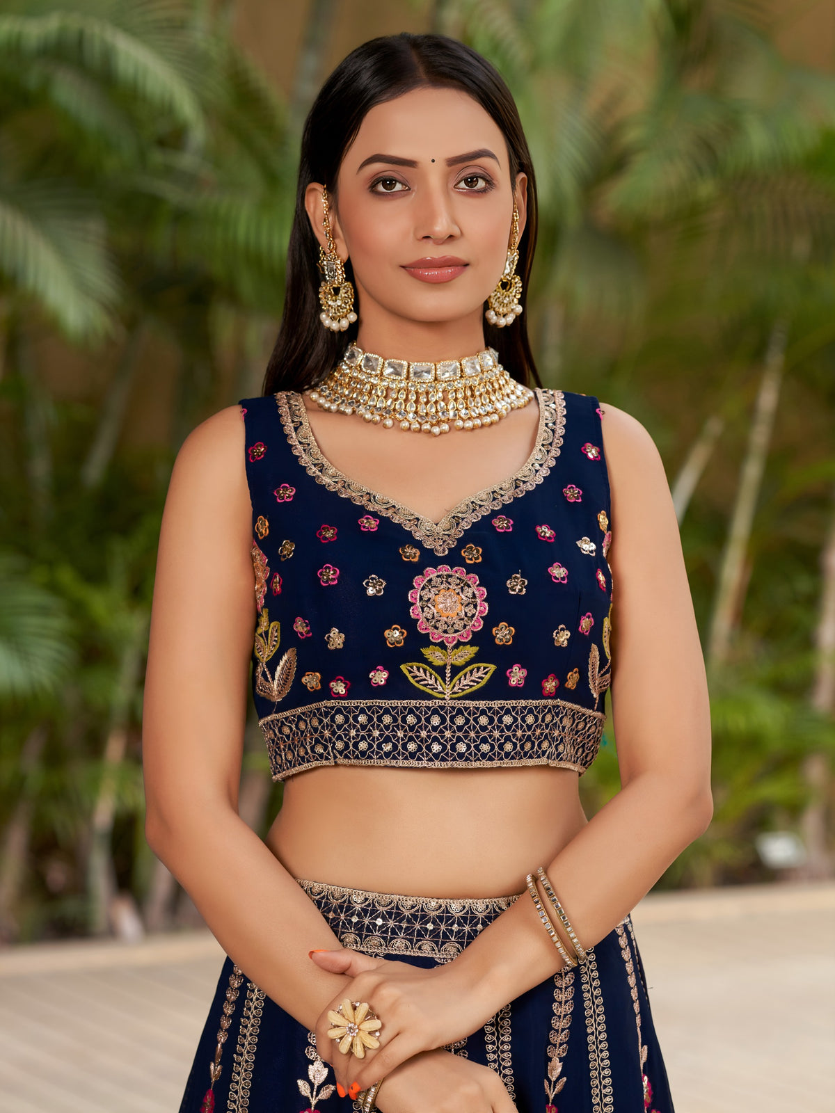 Women's Lehenga Choli in Navy Blue Georgette with Multicolor Floral Embroidery