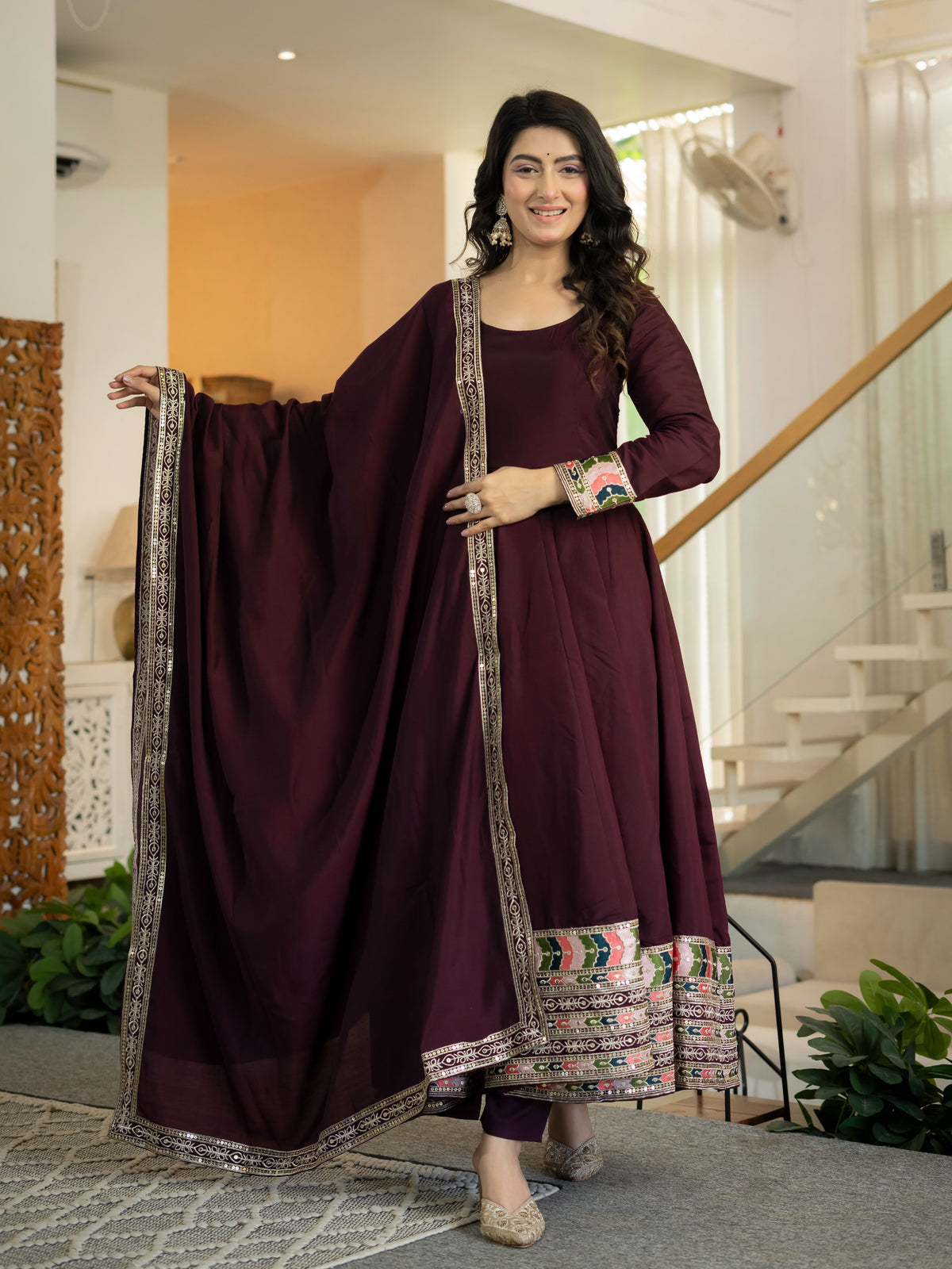 Women's Anarkali Suit in Wine Red Roman Silk with Sequin Embroidery