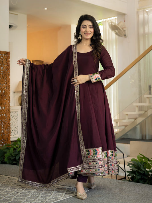 Women's Anarkali Suit in Wine Red Roman Silk with Sequin Embroidery