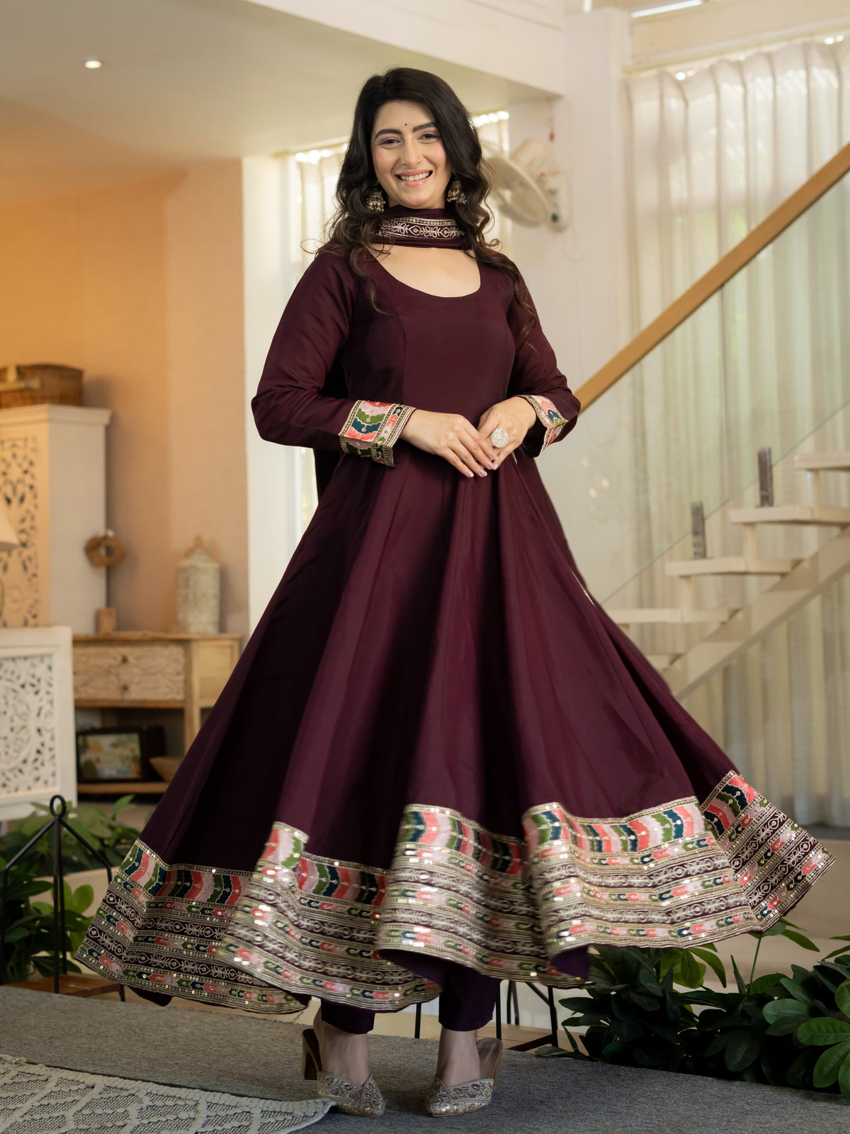 Women's Anarkali Suit in Wine Red Roman Silk with Sequin Embroidery