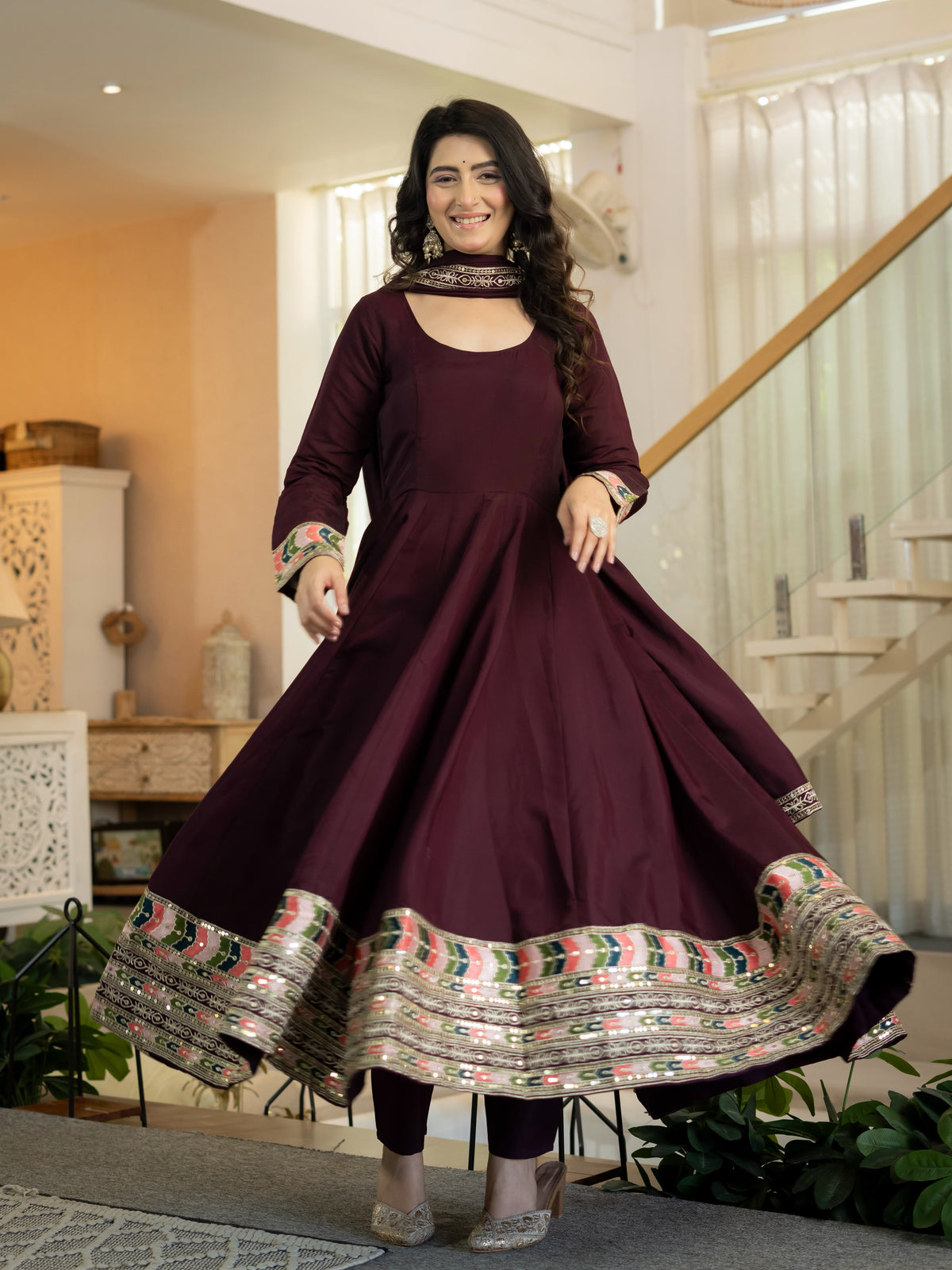 Women's Anarkali Suit in Wine Red Roman Silk with Sequin Embroidery