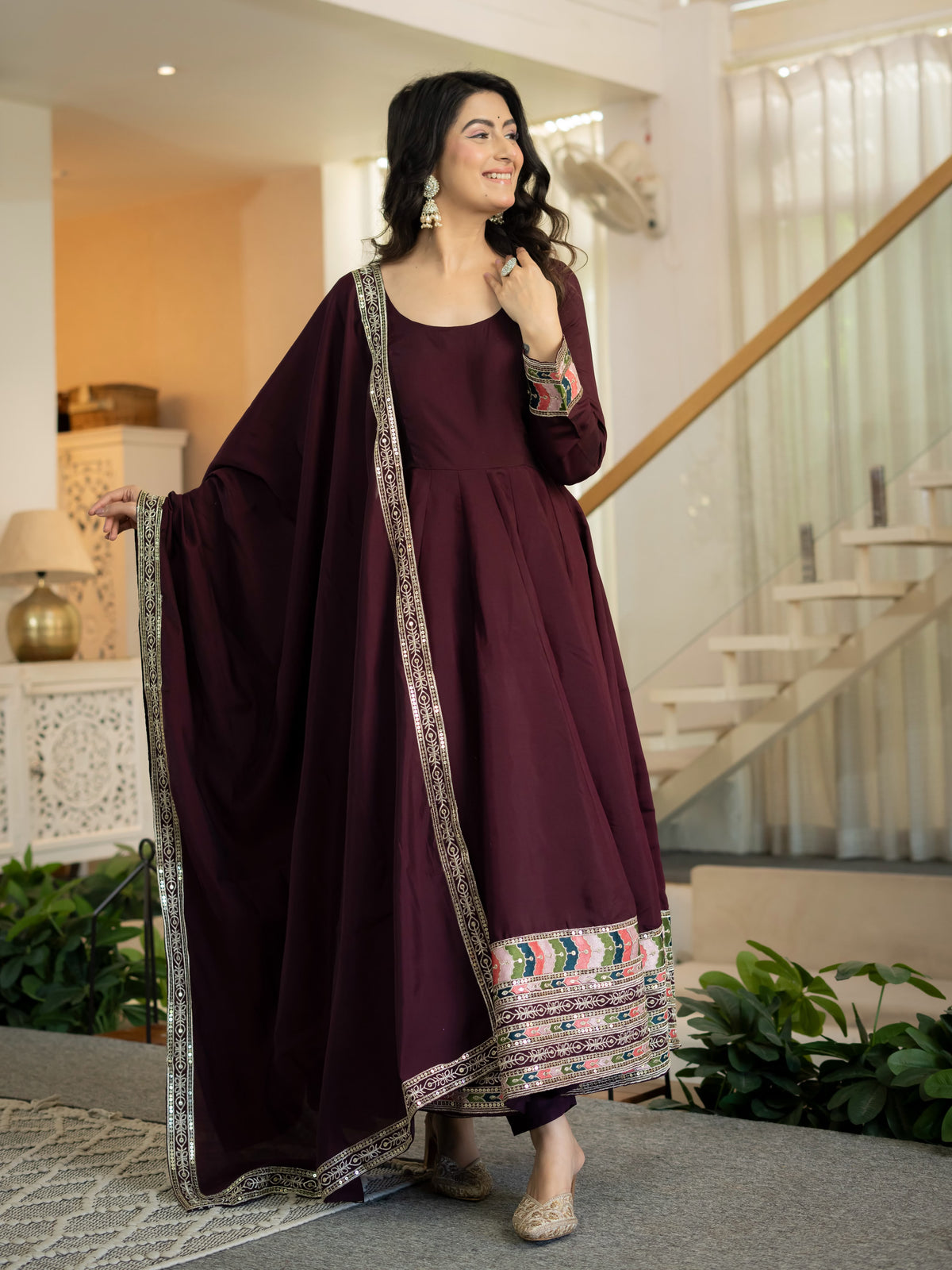 Women's Anarkali Suit in Wine Red Roman Silk with Sequin Embroidery