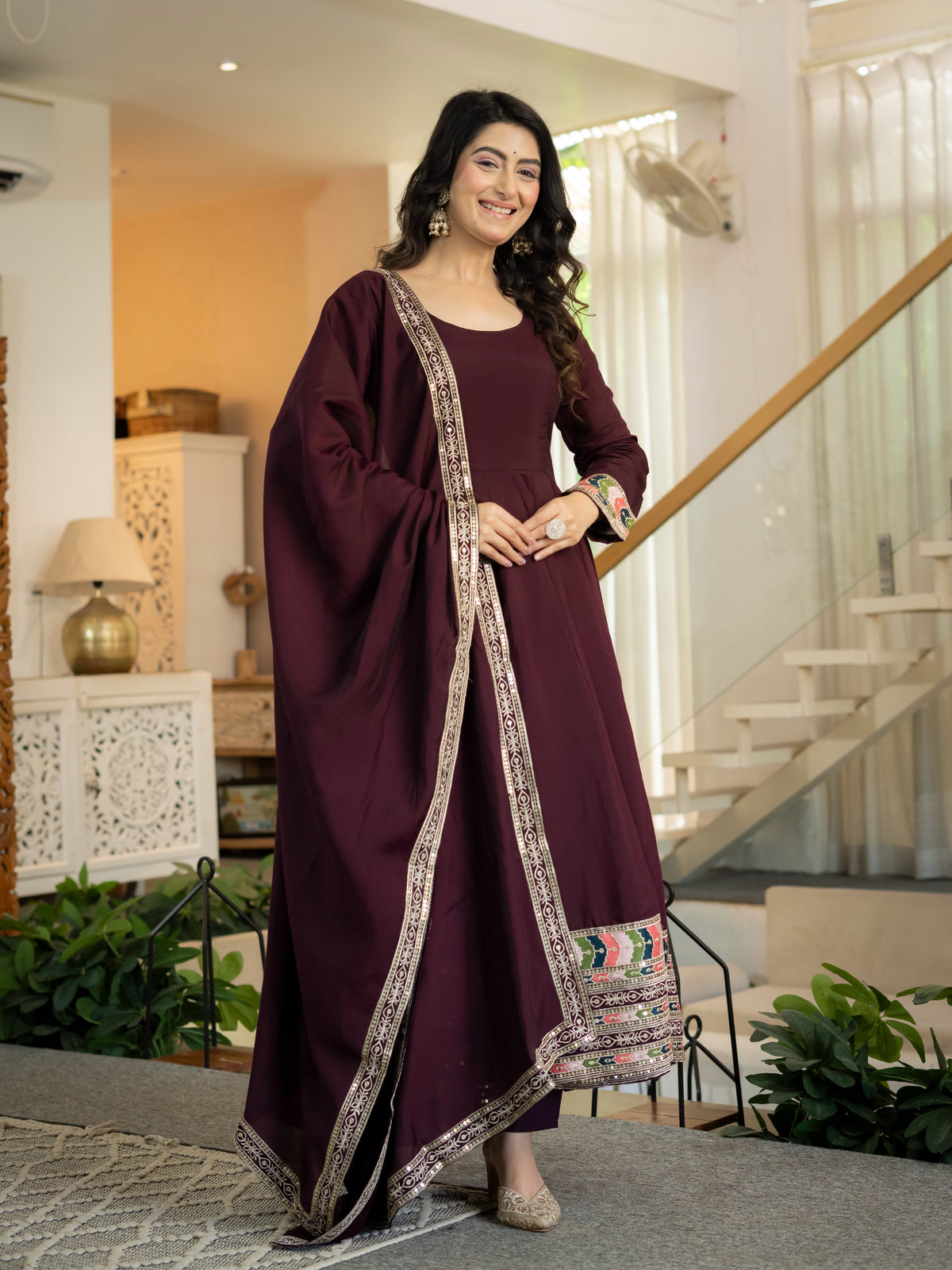 Women's Anarkali Suit in Wine Red Roman Silk with Sequin Embroidery