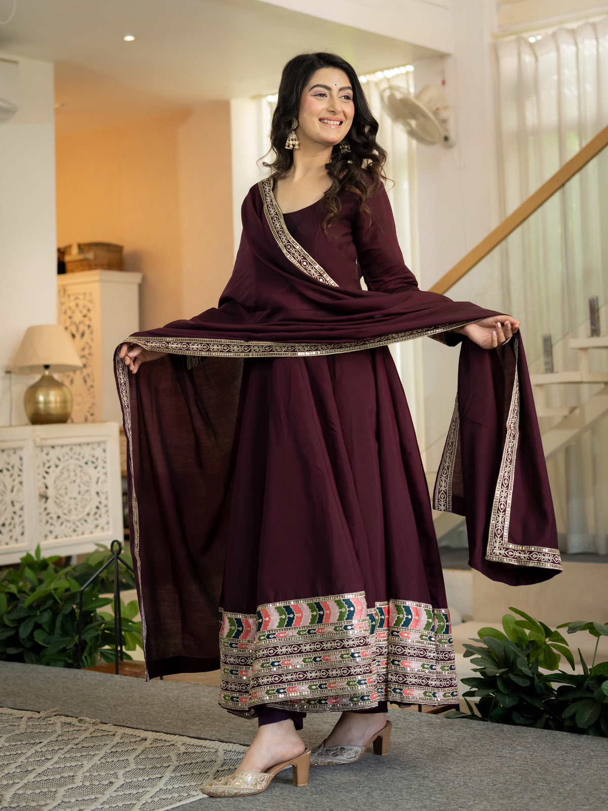 Women's Anarkali Suit in Wine Red Roman Silk with Sequin Embroidery