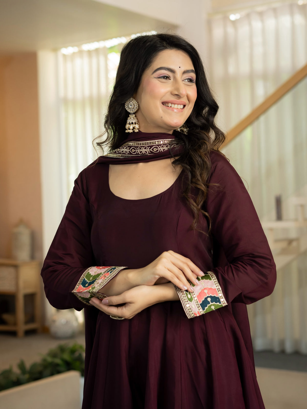Women's Anarkali Suit in Wine Red Roman Silk with Sequin Embroidery