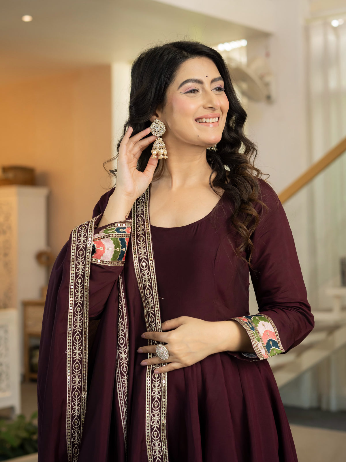 Women's Anarkali Suit in Wine Red Roman Silk with Sequin Embroidery