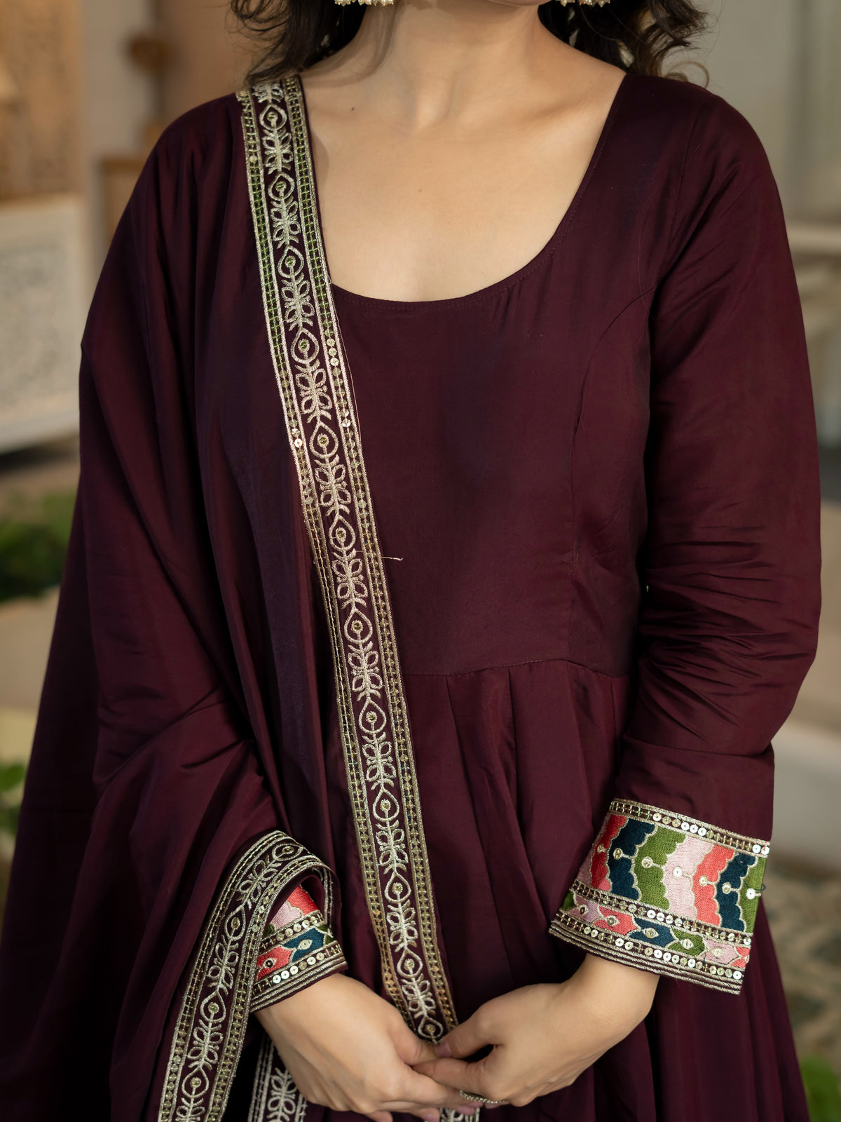 Women's Anarkali Suit in Wine Red Roman Silk with Sequin Embroidery