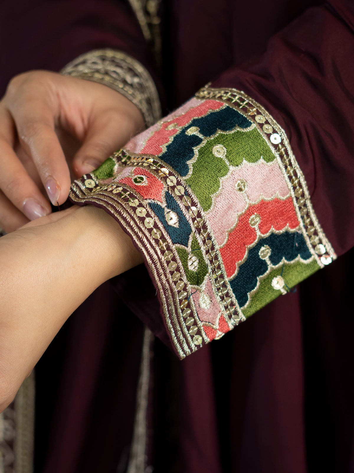 Women's Anarkali Suit in Wine Red Roman Silk with Sequin Embroidery