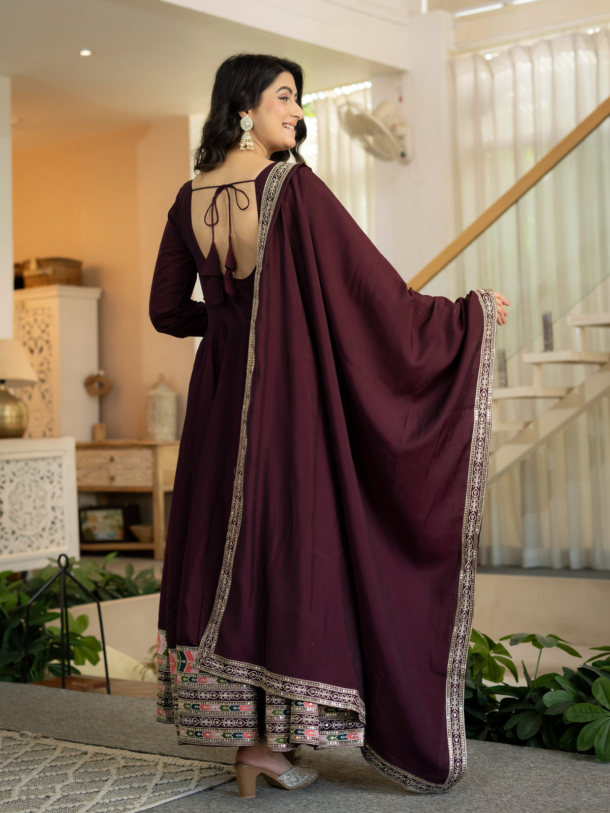 Women's Anarkali Suit in Wine Red Roman Silk with Sequin Embroidery