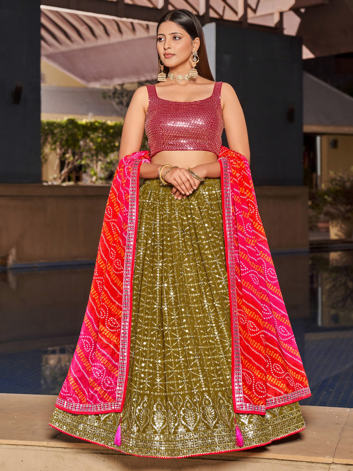 Women's Lehenga Choli in Olive Green Georgette with Zari and Sequin Embroidery