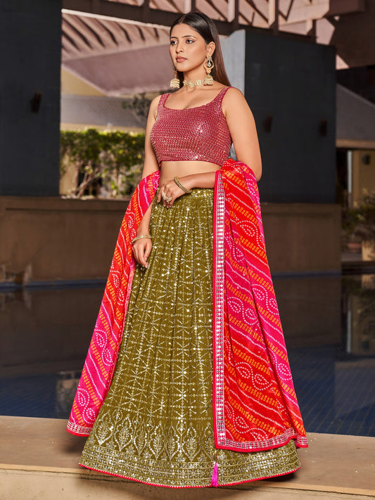 Women's Lehenga Choli in Olive Green Georgette with Zari and Sequin Embroidery