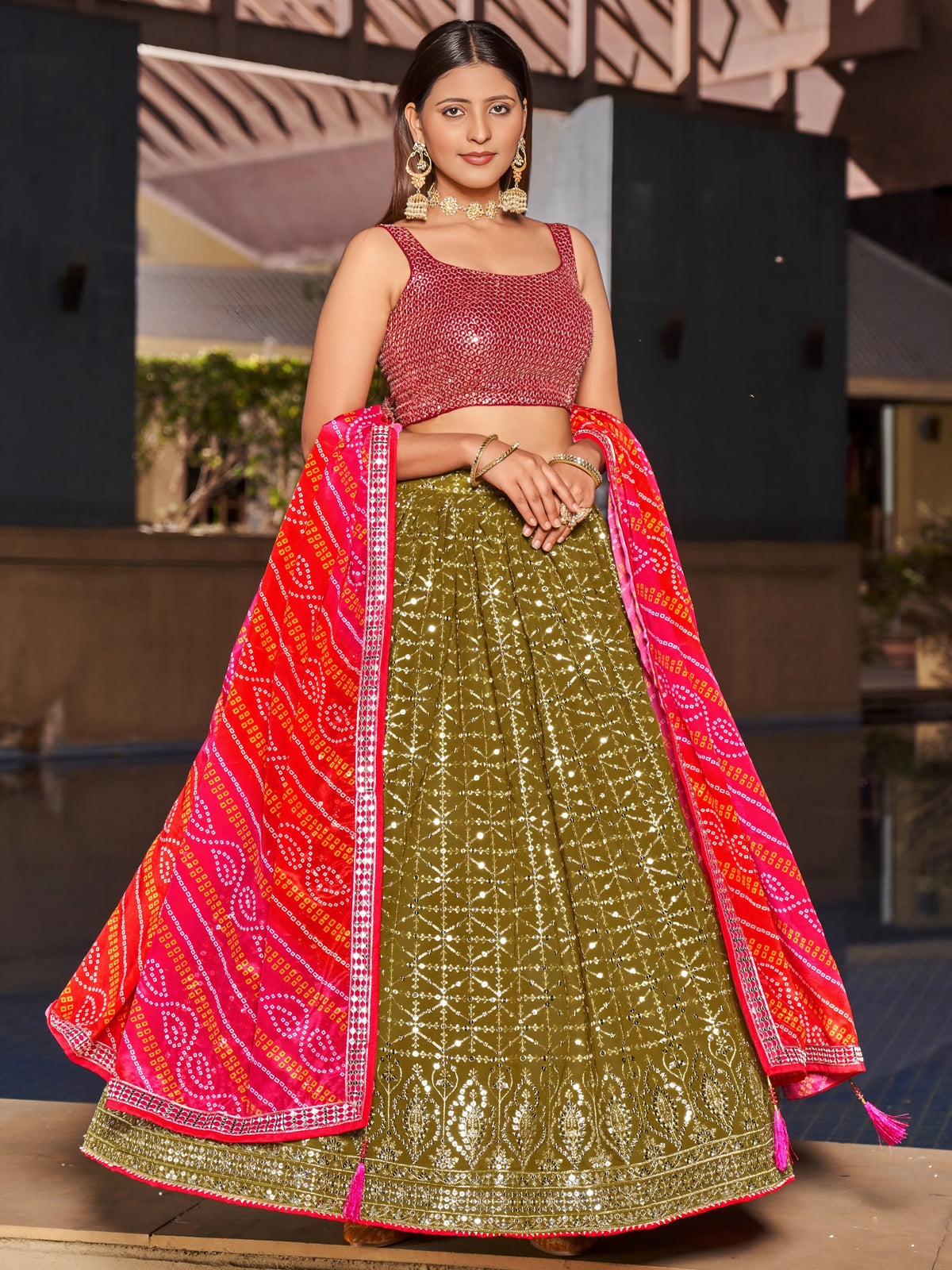 Women's Lehenga Choli in Olive Green Georgette with Zari and Sequin Embroidery