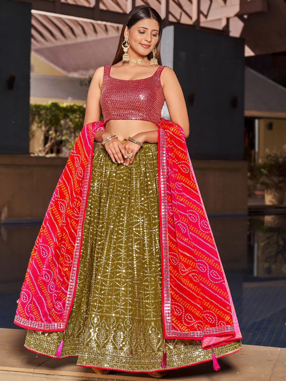 Women's Lehenga Choli in Olive Green Georgette with Zari and Sequin Embroidery