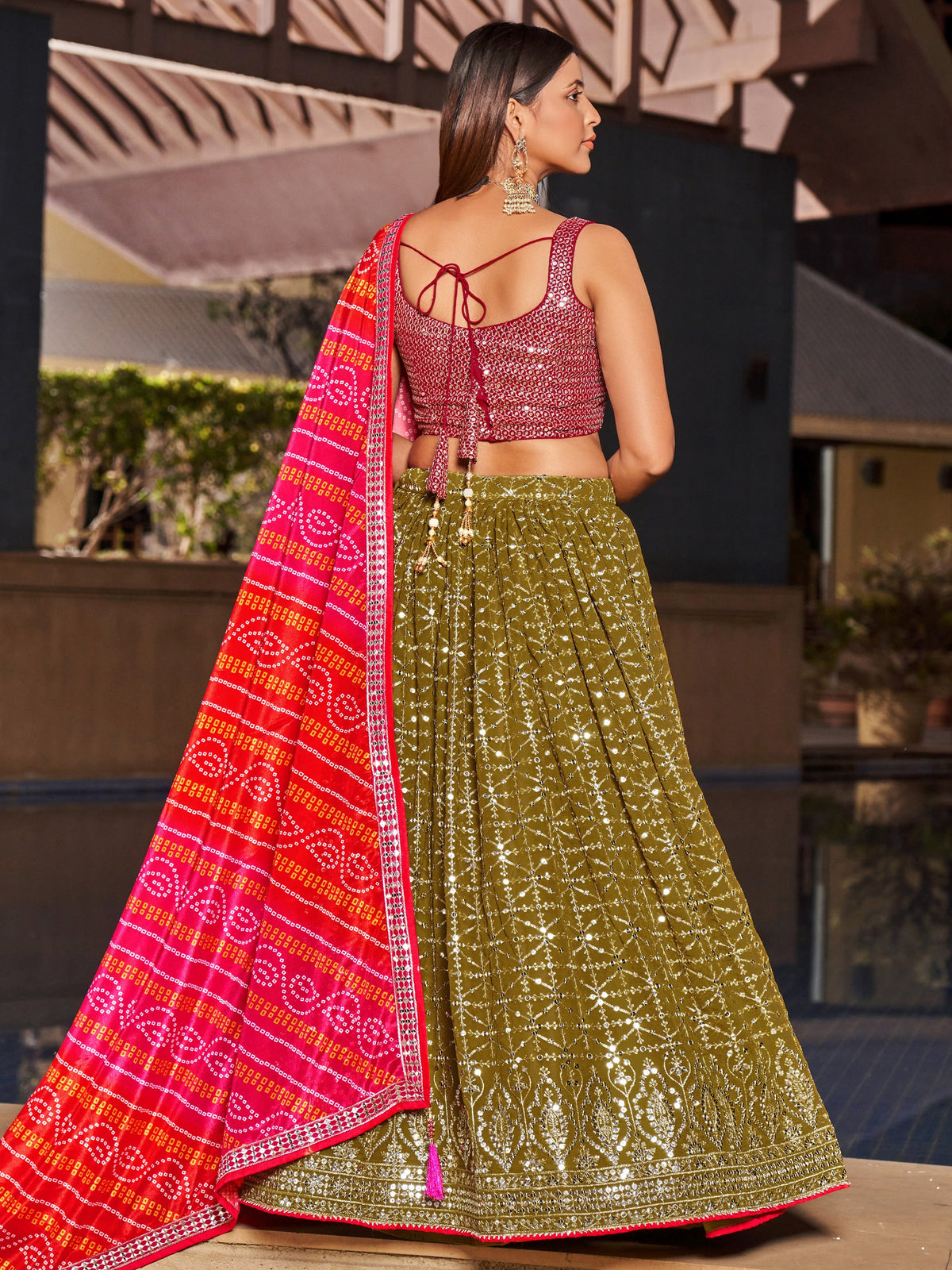 Women's Lehenga Choli in Olive Green Georgette with Zari and Sequin Embroidery