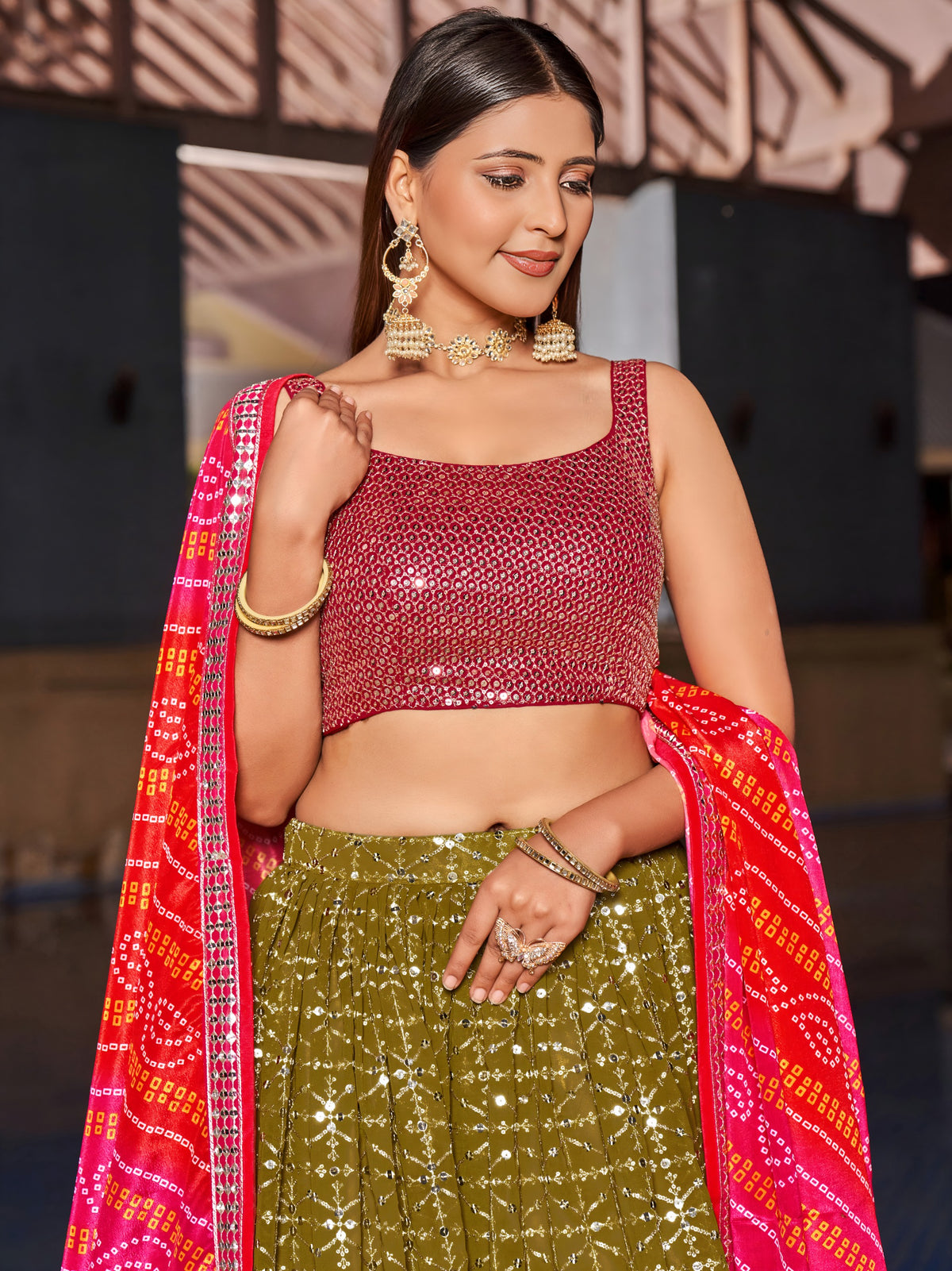 Women's Lehenga Choli in Olive Green Georgette with Zari and Sequin Embroidery