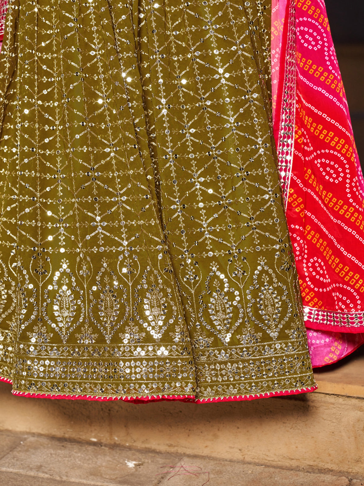 Women's Lehenga Choli in Olive Green Georgette with Zari and Sequin Embroidery