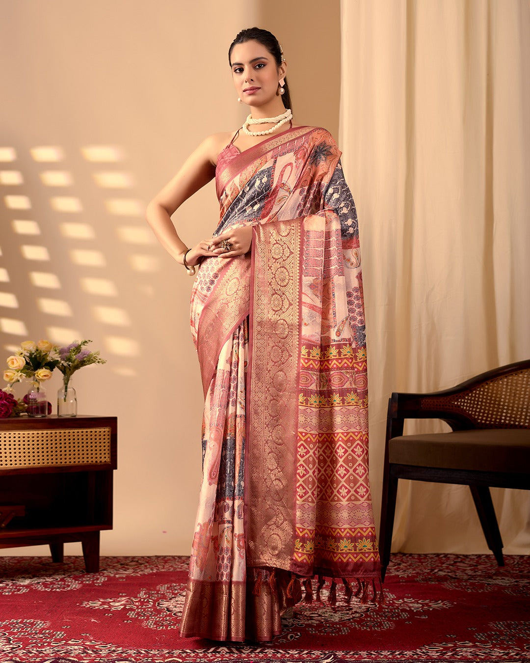 Women's Saree in Peach and Multicolor Lichi Silk with Digital Print