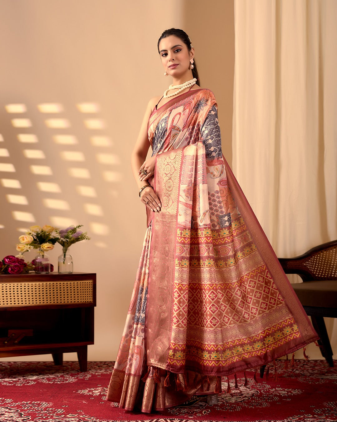 Women's Saree in Peach and Multicolor Lichi Silk with Digital Print