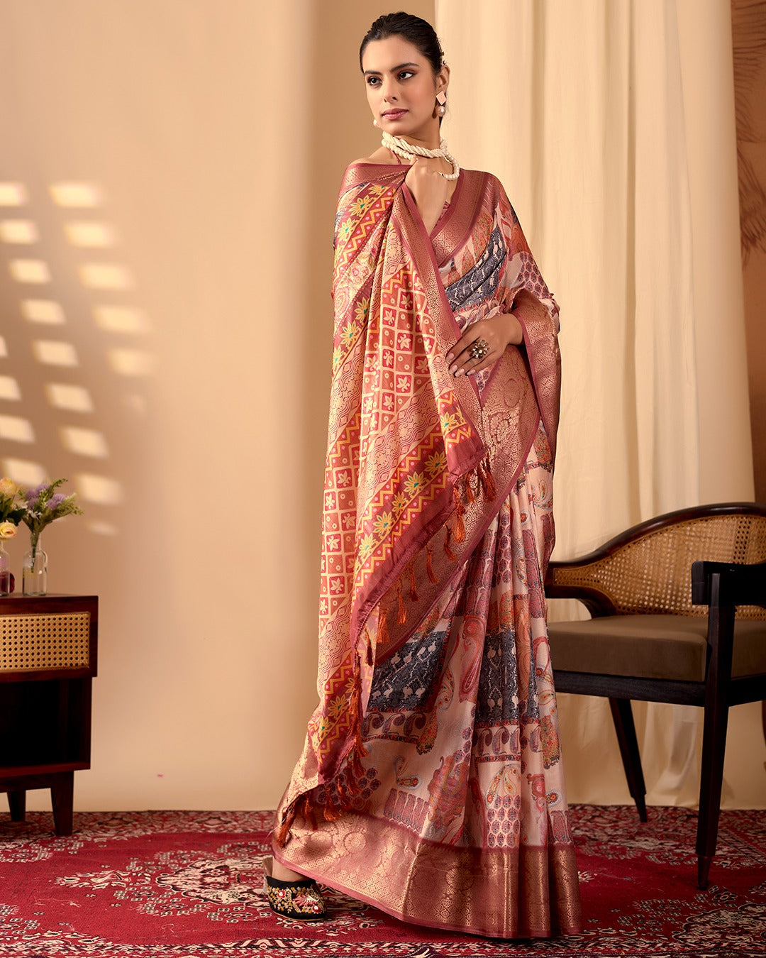 Women's Saree in Peach and Multicolor Lichi Silk with Digital Print
