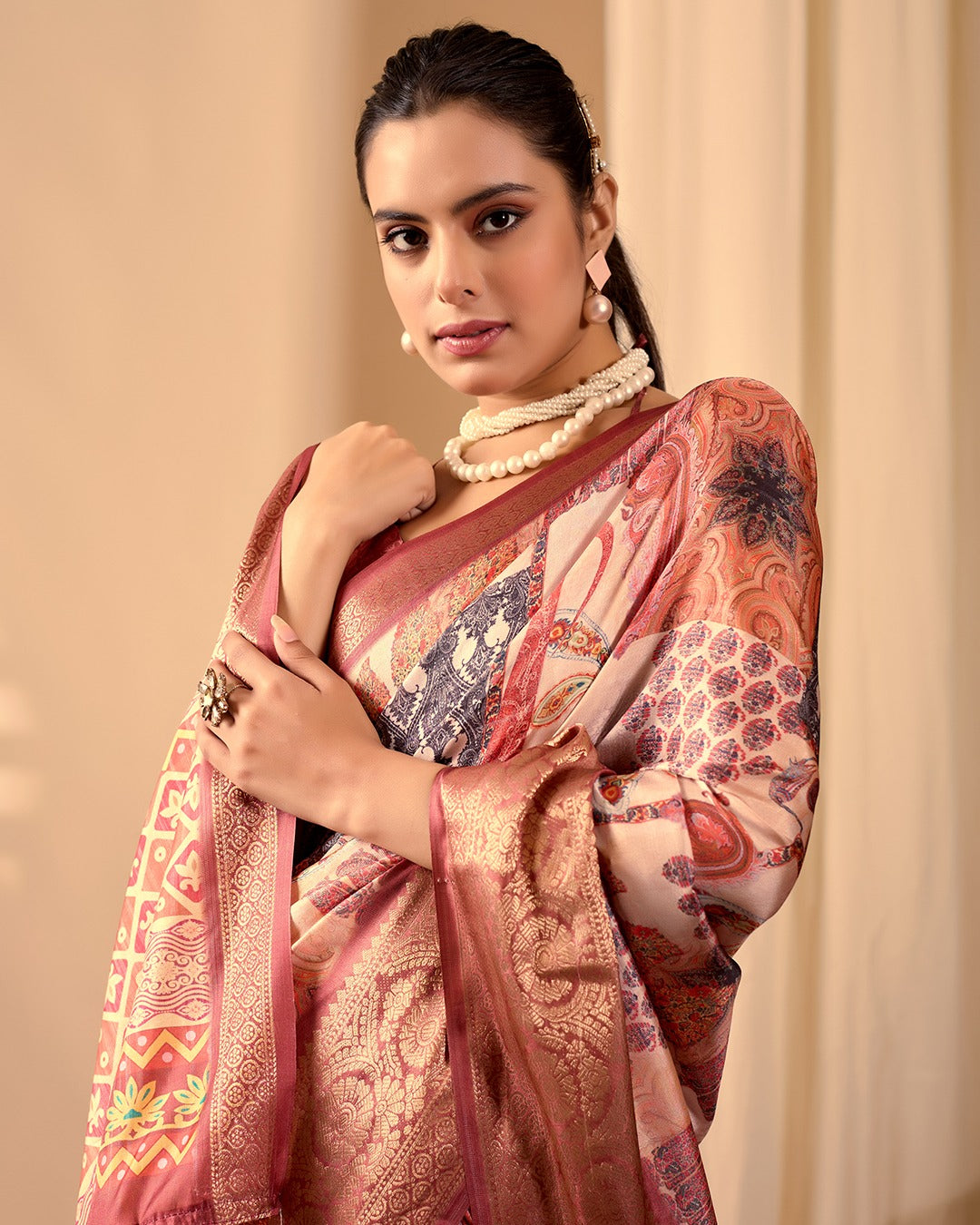 Women's Saree in Peach and Multicolor Lichi Silk with Digital Print