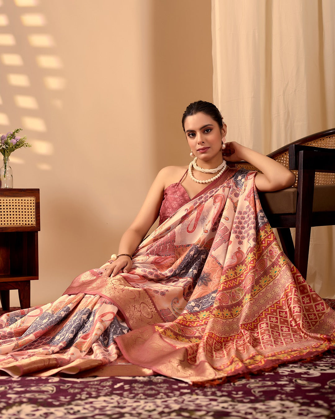 Women's Saree in Peach and Multicolor Lichi Silk with Digital Print