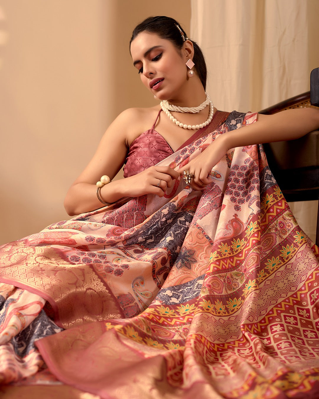 Women's Saree in Peach and Multicolor Lichi Silk with Digital Print