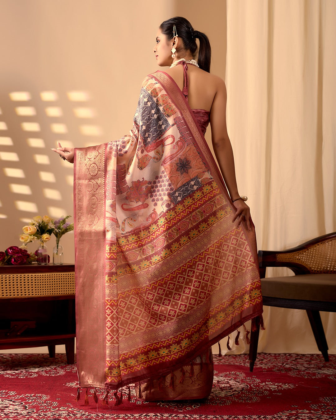 Women's Saree in Peach and Multicolor Lichi Silk with Digital Print