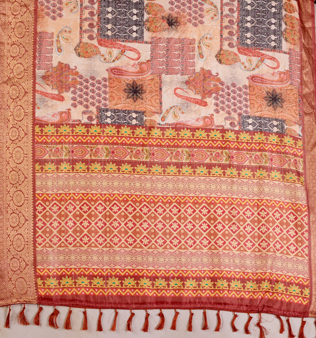 Women's Saree in Peach and Multicolor Lichi Silk with Digital Print