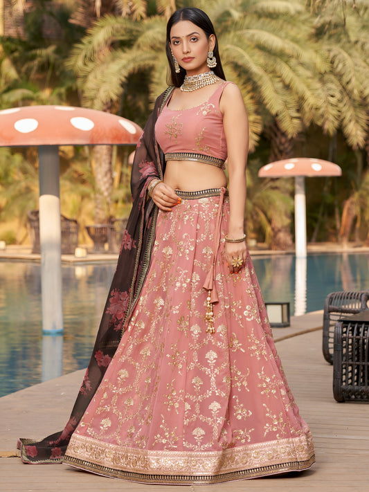 Women's Lehenga Choli in Dusty Pink Georgette with Zari Floral Embroidery and Organza Dupatta
