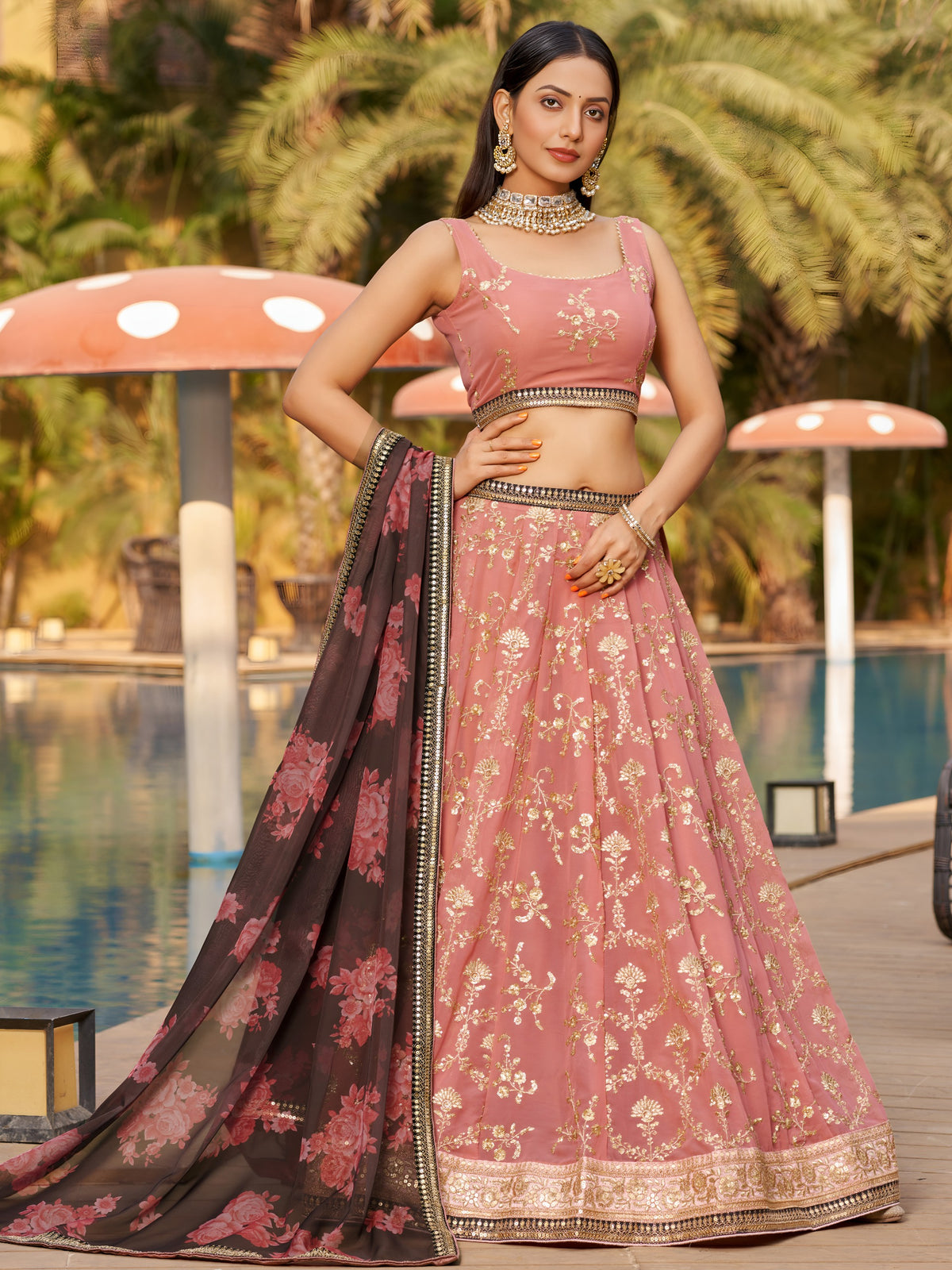 Women's Lehenga Choli in Dusty Pink Georgette with Zari Floral Embroidery and Organza Dupatta