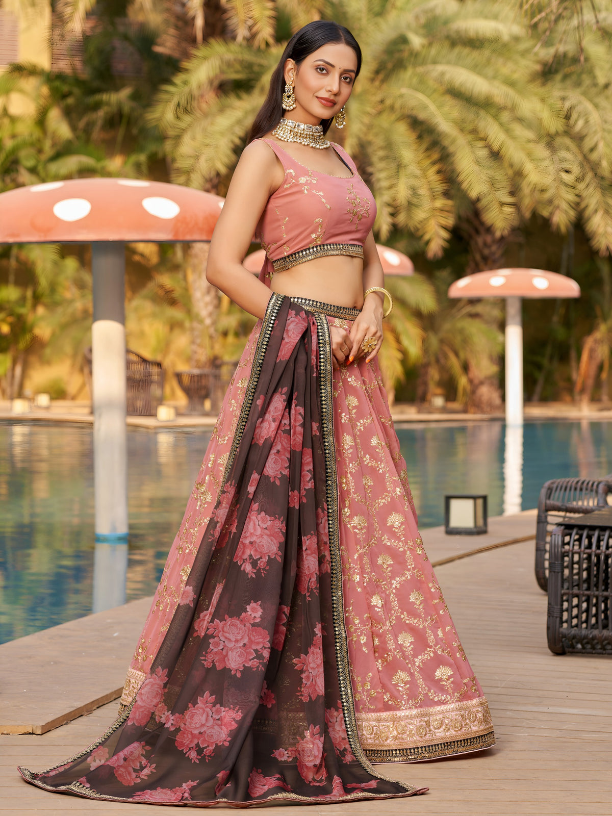 Women's Lehenga Choli in Dusty Pink Georgette with Zari Floral Embroidery and Organza Dupatta