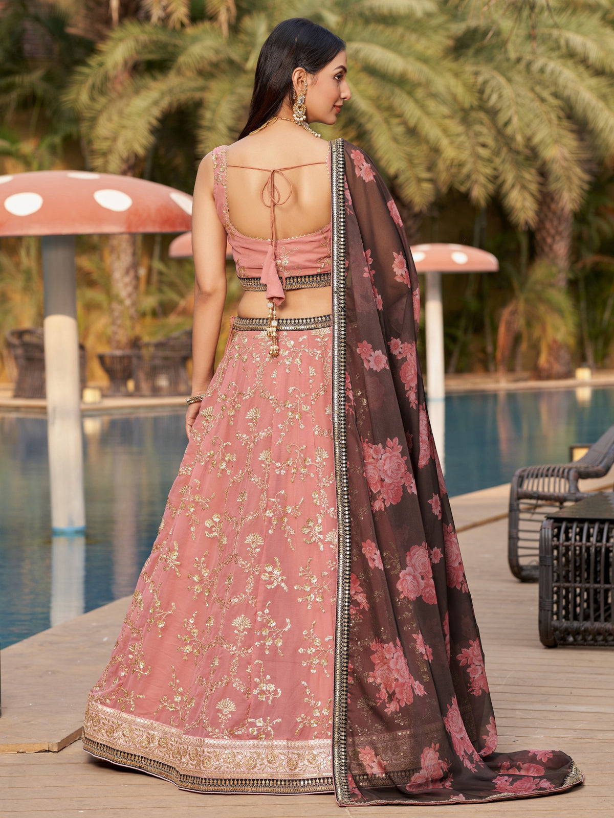 Women's Lehenga Choli in Dusty Pink Georgette with Zari Floral Embroidery and Organza Dupatta