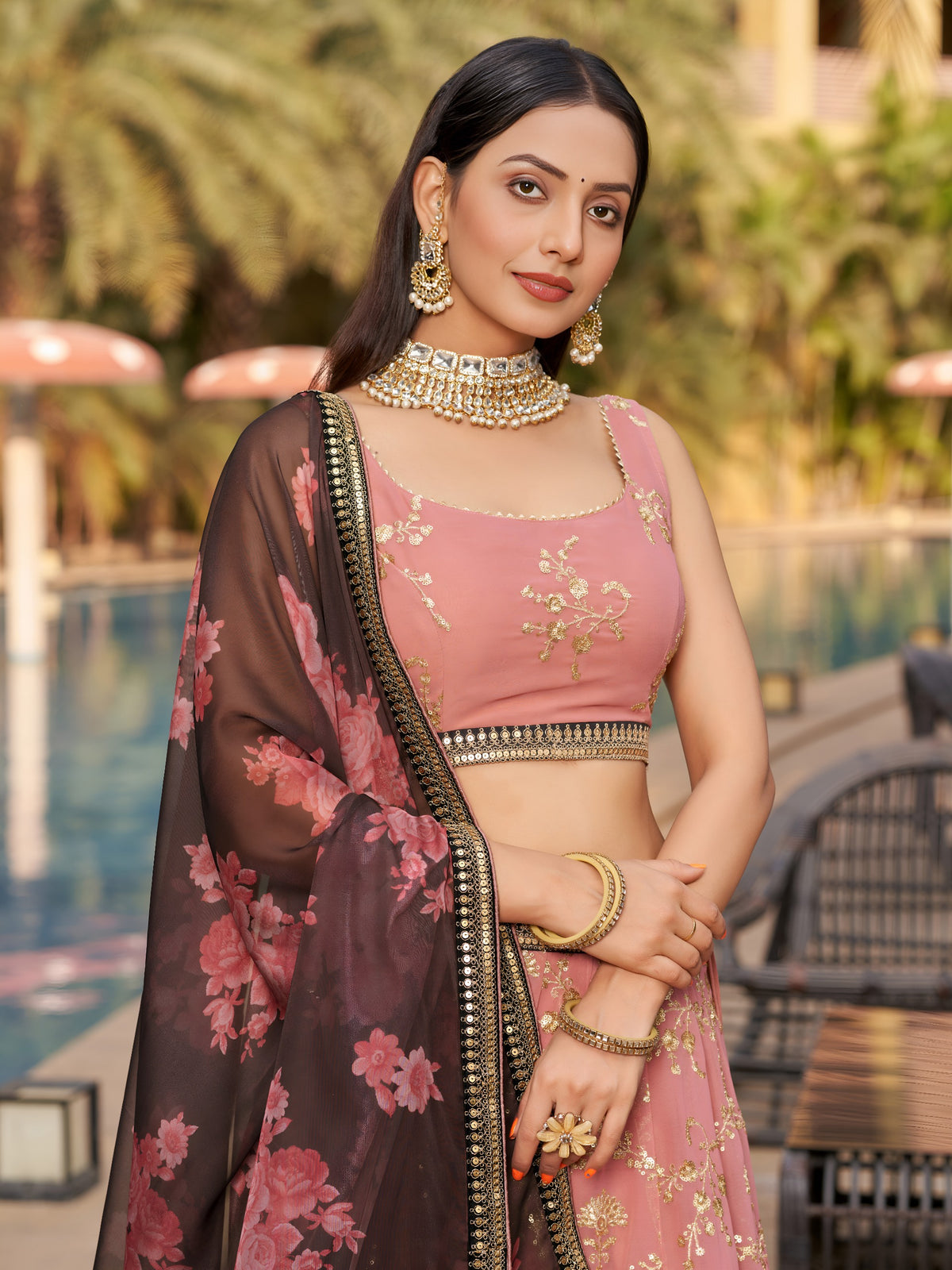 Women's Lehenga Choli in Dusty Pink Georgette with Zari Floral Embroidery and Organza Dupatta