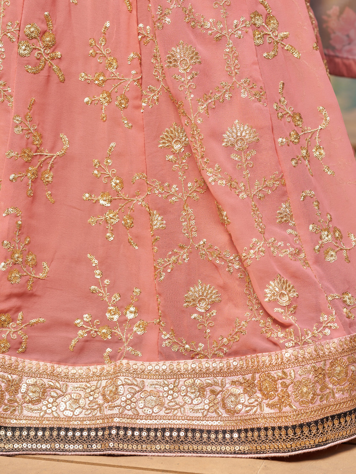 Women's Lehenga Choli in Dusty Pink Georgette with Zari Floral Embroidery and Organza Dupatta