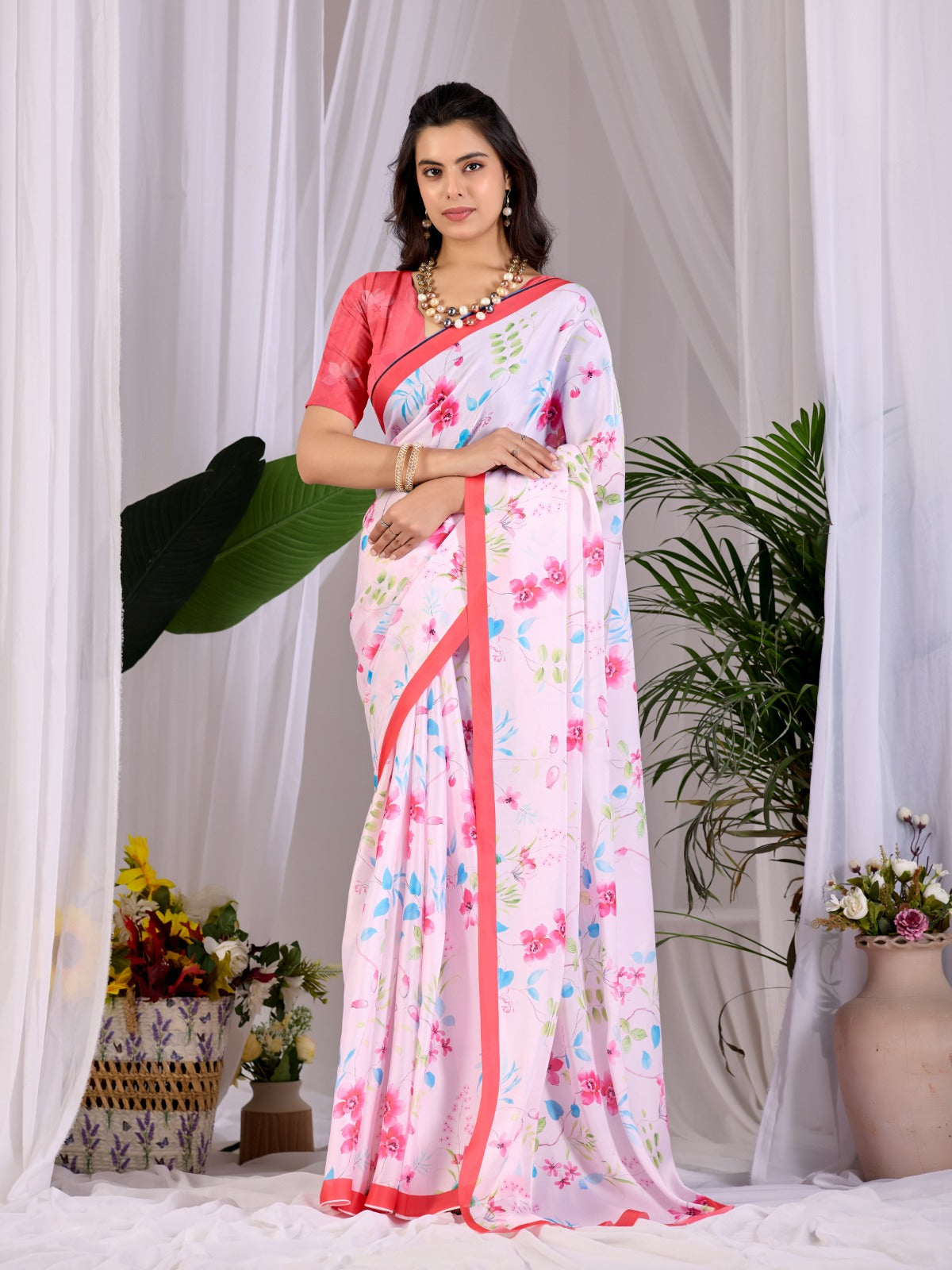 Women's Saree in Baby Pink Satin Georgette with Floral Digital Print