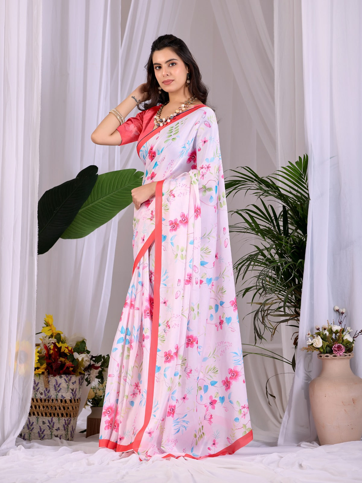 Women's Saree in Baby Pink Satin Georgette with Floral Digital Print