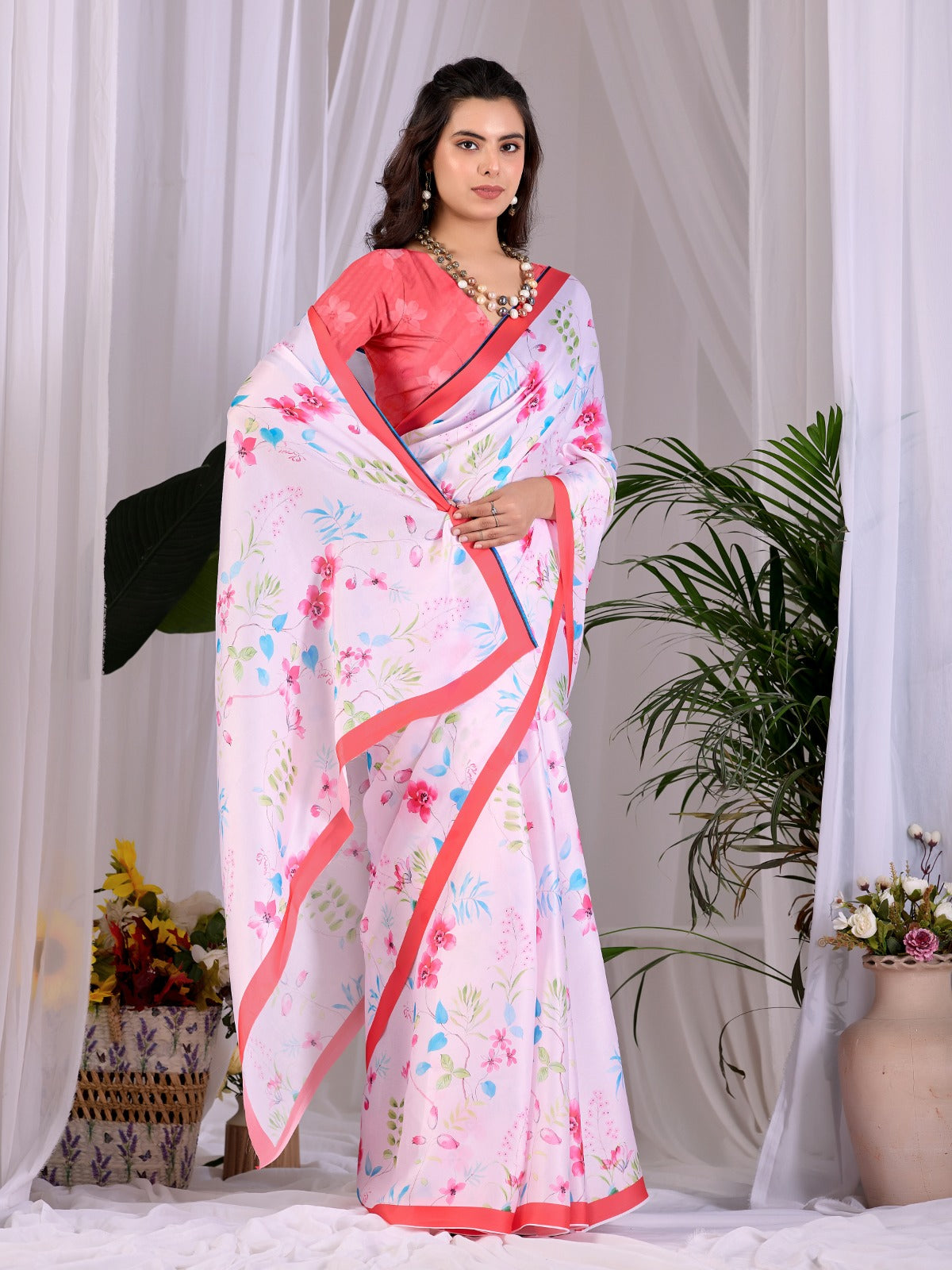 Women's Saree in Baby Pink Satin Georgette with Floral Digital Print
