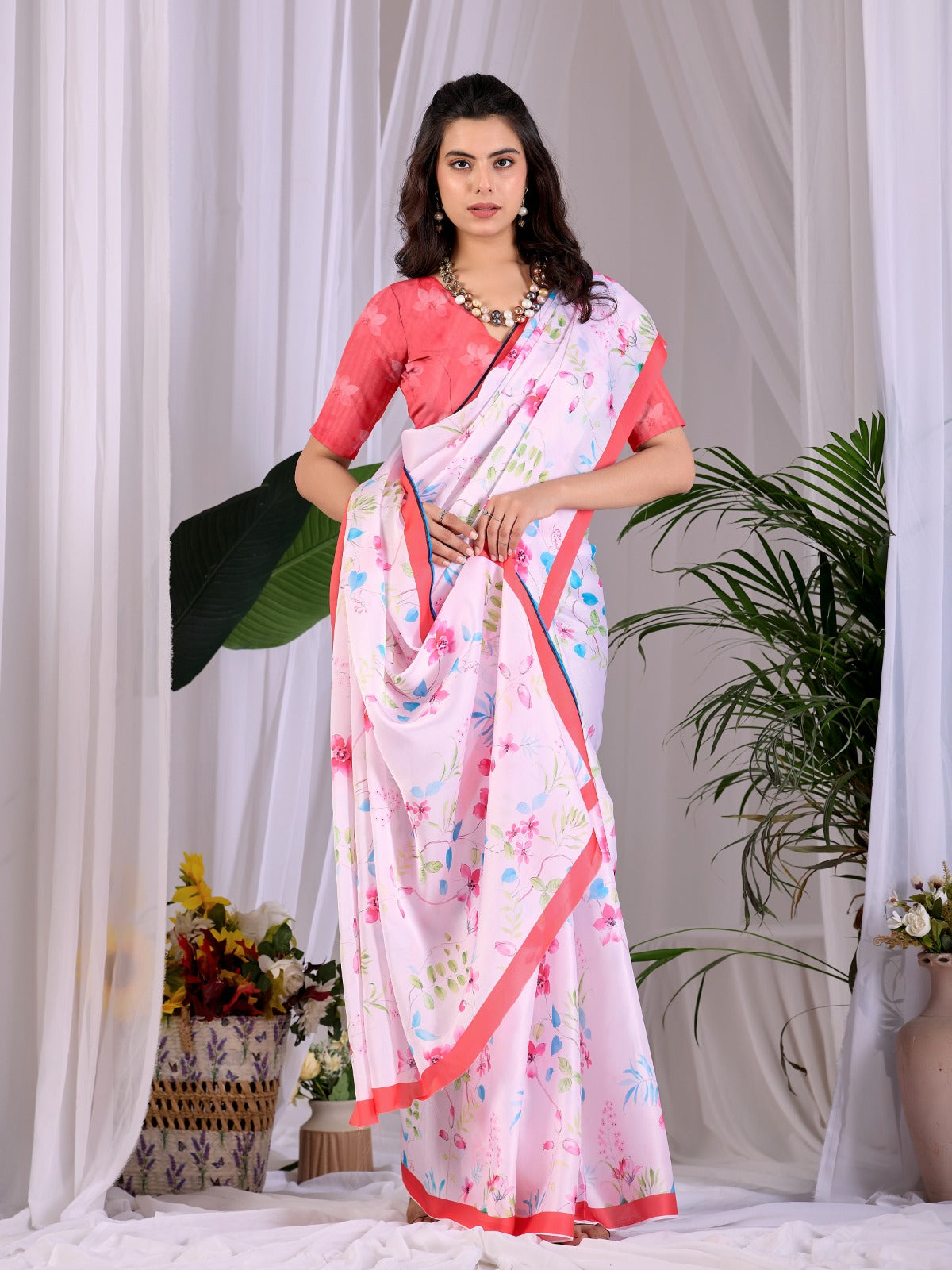 Women's Saree in Baby Pink Satin Georgette with Floral Digital Print