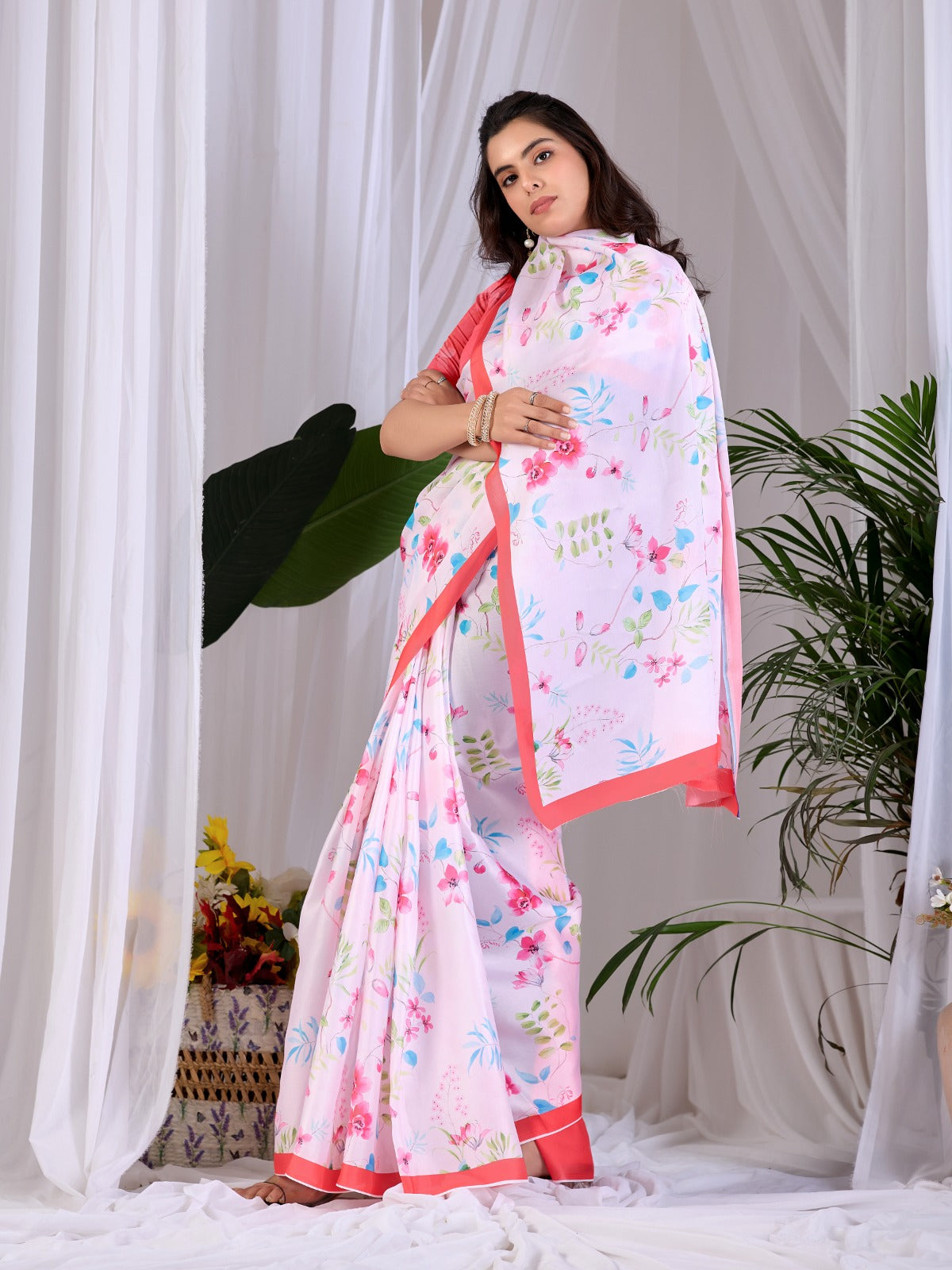 Women's Saree in Baby Pink Satin Georgette with Floral Digital Print