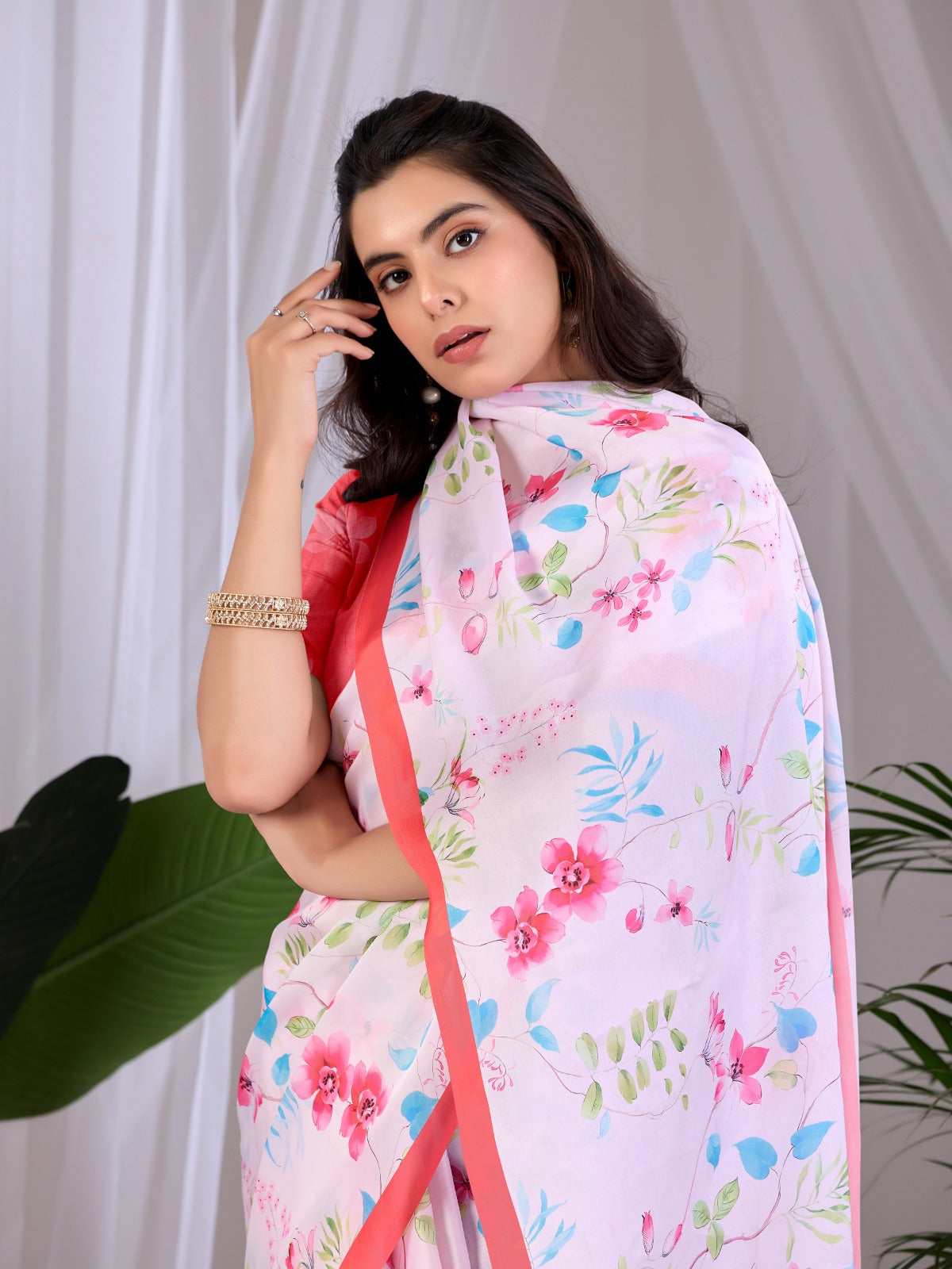 Women's Saree in Baby Pink Satin Georgette with Floral Digital Print
